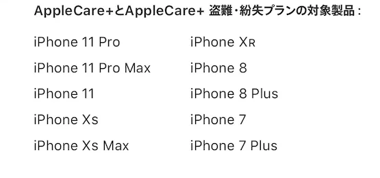 Apple公式サイトAppleCare+対象リスト