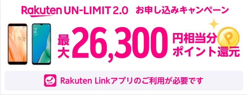 Rakuten UN-LIMITお申し込みキャンペーン 最大26,300円相当分をポイント還元